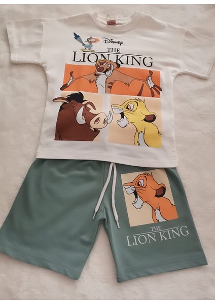 Erkek Çocuk Lion King Aslan Baskılı Alt Üst Takım Yeşil Yarım Kollu Şortlu Pamuklu 2'li Takım