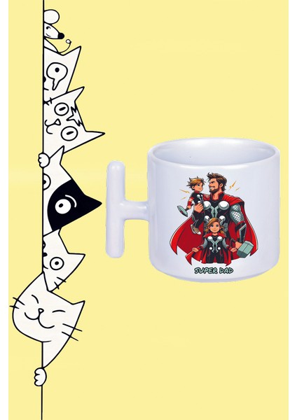 Super Dad Süper Baba Karakter Thor Tasarım Baskılı Beyaz T Sap Kupa Bardak