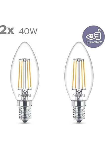 LED Classic 40W B35 LED Mum Filament Ampul, 2700K Sarı Işık, E14 Ince Duy, Dim Edilmez, 2'li Ekopaket