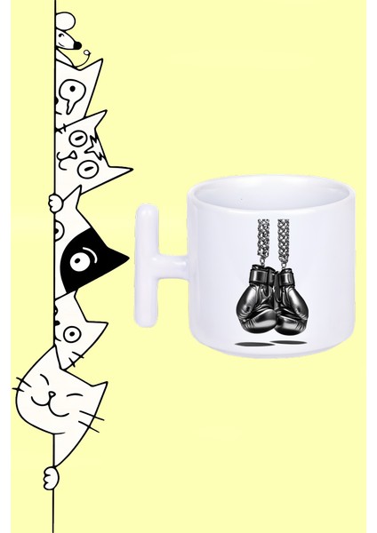 Boks Siyah Eldiven Zincir Spor Tasarım Baskılı Beyaz T Sap Kupa Bardak