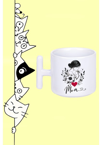 Mom Anneler Günü Tasarım Baskılı Beyaz T Sap Kupa Bardak