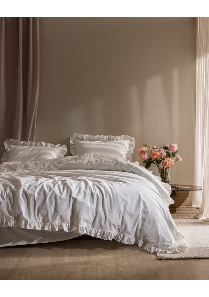 Obernai King Size %100 Pamuk Fırfırlı Düz Yıkamalı Nevresim Takımı - Beyaz