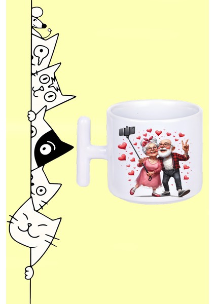 Aşık Yaşlı Çift Love Secgililer Günü Tasarım Baskılı Beyaz T Sap Kupa Bardak