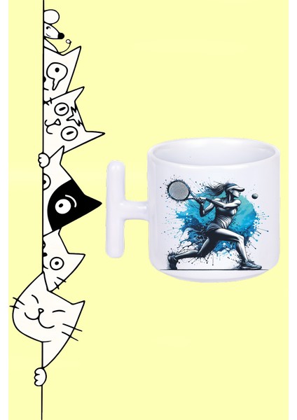 Spor Tenis Tenisci Kız Raket Tasarım Baskılı Beyaz T Sap Kupa Bardak