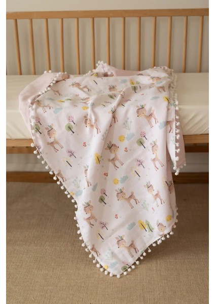 Ceylan Desenli 4 Katlı Müslin Bebek Battaniyesi Takımı – Ponpon Kenarlı, Yastık ve Minderli fiyatları