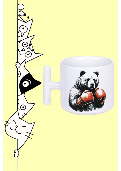 Boksör Ayı Kırmızı Eldiven Tasarım Baskılı Beyaz T Sap Kupa Bardak