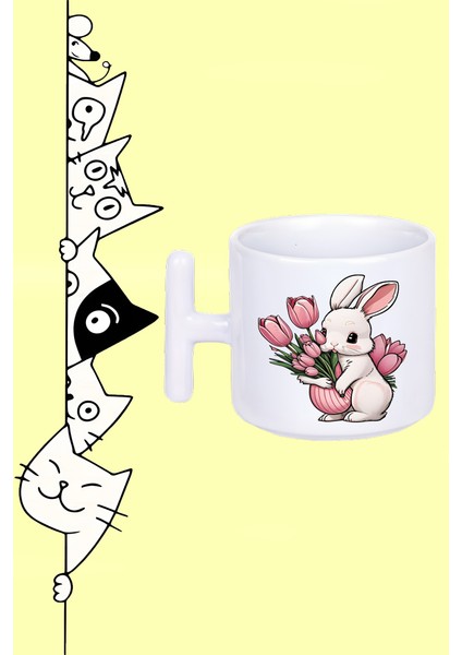 Sevimli Tavşan ve Pembe Çiçek Tasarım Baskılı Beyaz T Sap Kupa Bardak