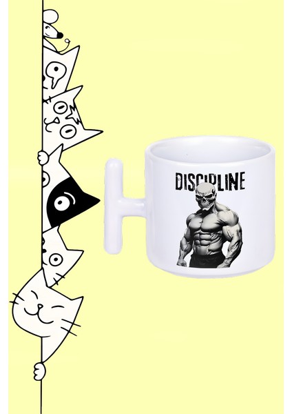 Dıscıplıne Gym Fıtness Skull Disiplin Spor Azim Tasarım Baskılı Beyaz T Sap Kupa Bardak