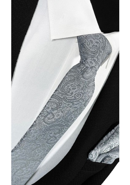 Açık & Koyu Gri Şal Desenli Mikrofiber Kravat ve Mendil Seti - 7 cm Modern Kesim
