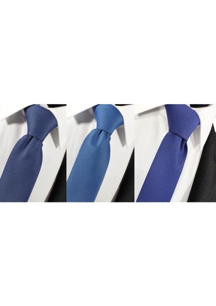 Havacı Mavi Indigo Mavi Parliament Mavi 3'lü Paket Armürlü Kravat Mendil Seti