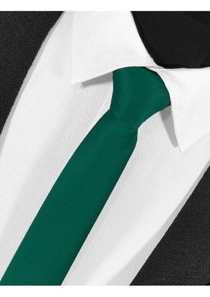 Ekstra Ince Çam Yeşili Renk Düz Slim Fit 4 cm Genişliğinde Kravat Mendil Seti Slim Fit Dar