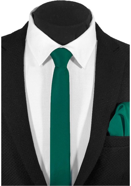 Ekstra Ince Çam Yeşili Renk Düz Slim Fit 4 cm Genişliğinde Kravat Mendil Seti Slim Fit Dar fiyatları