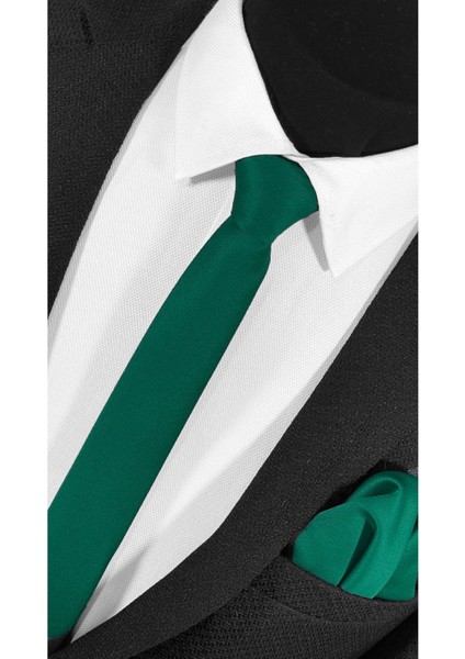 Ekstra Ince Çam Yeşili Renk Düz Slim Fit 4 cm Genişliğinde Kravat Mendil Seti Slim Fit Dar modelleri