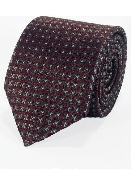 Bordo Zemin Üzeri Füme Pötikareli Mikrofiber Kravat ve Mendil Takımı - 7 cm Modern Kesim
