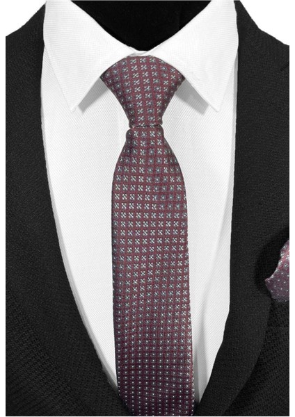 Bordo Zemin Üzeri Füme Pötikareli Mikrofiber Kravat ve Mendil Takımı - 7 cm Modern Kesim