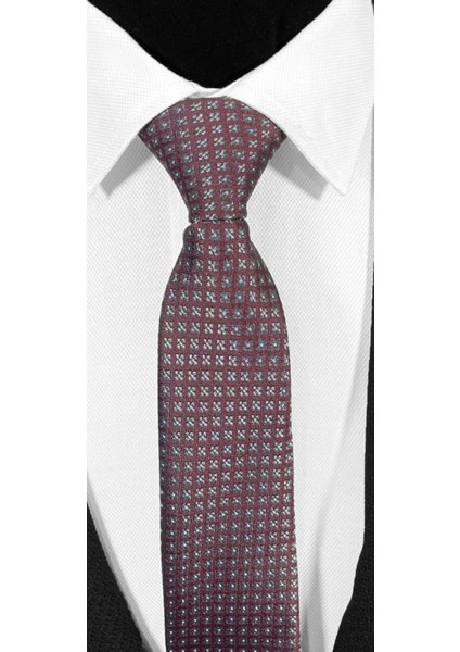 Bordo Zemin Üzeri Füme Pötikareli Mikrofiber Kravat ve Mendil Takımı - 7 cm Modern Kesim