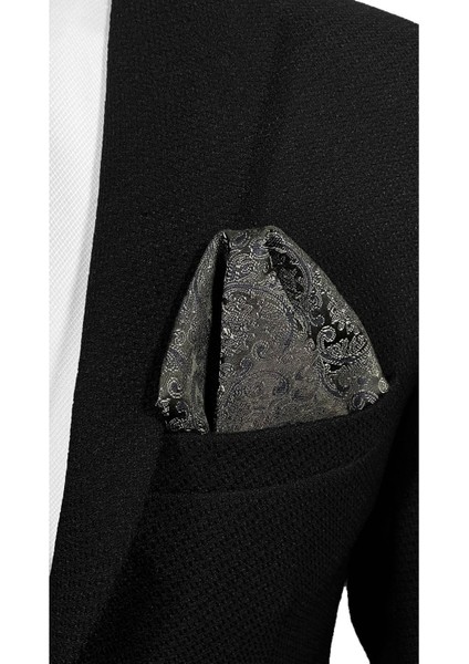 Siyah Zemin Üzerine Lacivert Şal Desenli Mikrofiber Kravat ve Mendil Takımı - 7 cm Modern Kesim