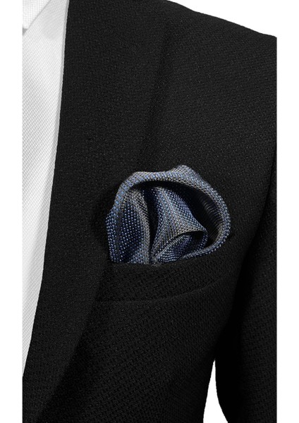 Lacivert Zemin Üzerine Mavi Kare Noktalı Mikrofiber Kravat ve Mendil – 7 cm Modern Kesim