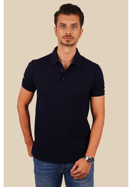 Lacivert Yaka Desenli Erkek Polo Yaka Tişört