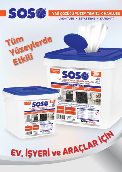 2 Adet x 250 Yaprak - Soso Özel Formüllü Kova Yağ Çözücü Yüzey Temizleme Mendili Inslm