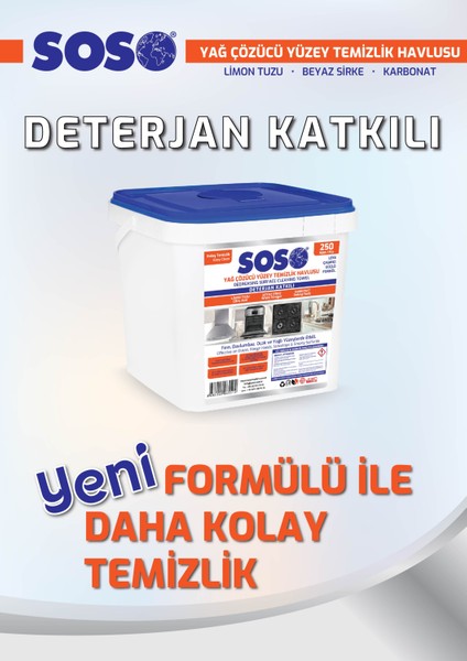 2 Adet x 250 Yaprak - Soso Özel Formüllü Kova Yağ Çözücü Yüzey Temizleme Mendili Inslm