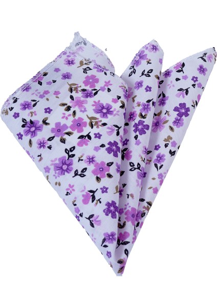 Beyaz Üzerine Lila Mor Çiçekli Pamuk Dokuma Yaka Mendili