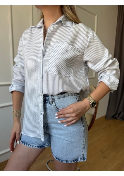 Ekru Mavi Sim Çizgili Gömlek fırsatları