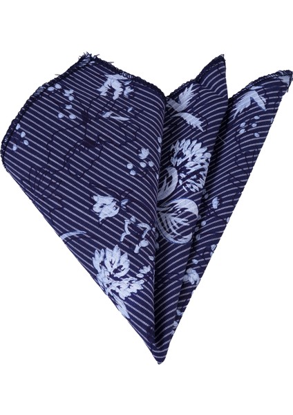 Lacivert Üzeri Beyaz Çiçek Baskılı Pamuk Yaka Mendili