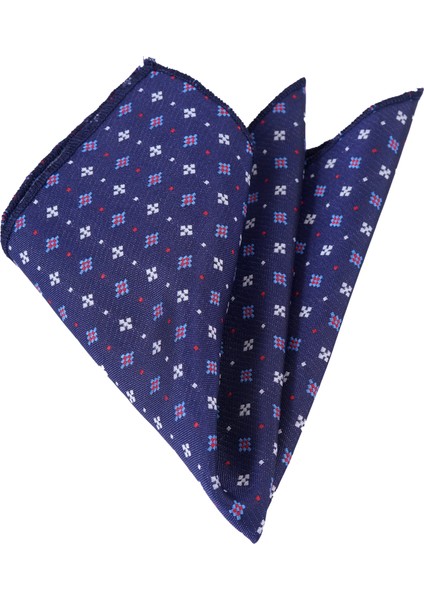 Lacivert Beyaz Mavi Desenli Jakar Dokuma Yaka Mendili