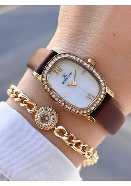 Deri Kordon 30 mt Suya Dayanıklı 2 Yıl Garantili Kadın Kol Saati+Bileklik BFG13943.3