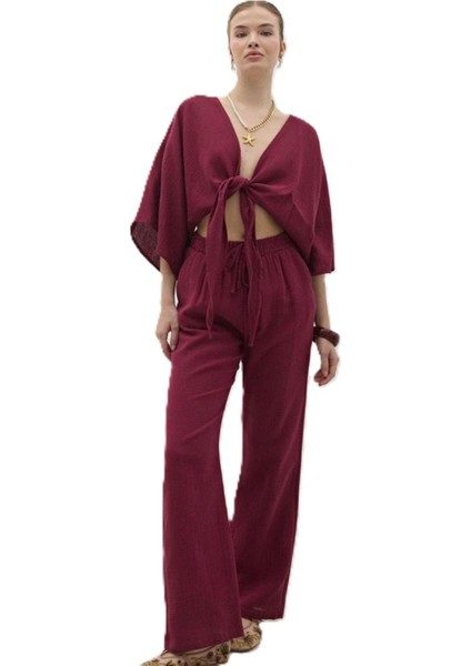 Bordo Bağlamalı Crop-Pantolon