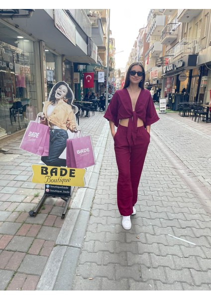 Bordo Bağlamalı Crop-Pantolon fiyatları