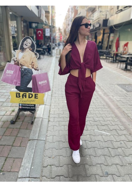 Bordo Bağlamalı Crop-Pantolon modelleri