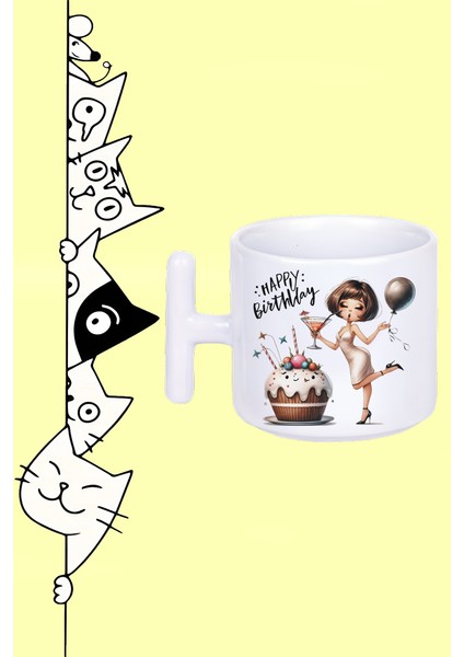 Happy Bırthday Mutlu Yıllar Tasarım Baskılı Beyaz T Sap Kupa Bardak