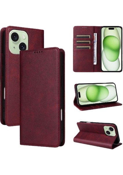 IPhone 15 ile Uyumlu Artı Flip Case Pu Deri Kart Yuvası Darbeye (Yurt Dışından)