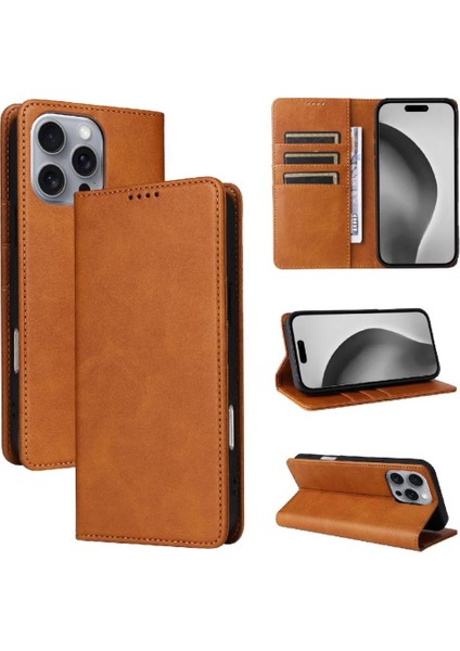 IPhone 16 Pro Max Flip Case Pu Deri Kart Yuvası ile Uyumlu Rfıd Saf (Yurt Dışından)