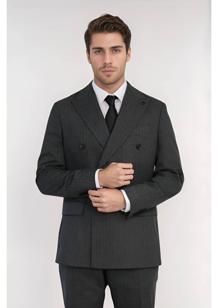 Çizgili Kruvaze Takım Elbise Gri