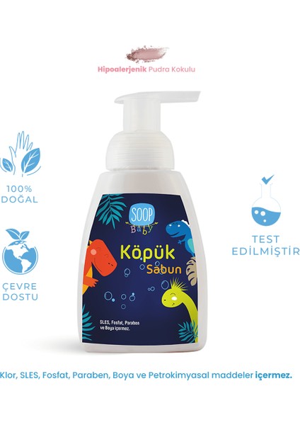 Bebek Köpük Sabun Pudra Kokulu Dinozor 300 ML | Vegan Hipoalerjenik | Eğlenceli Köpük Form