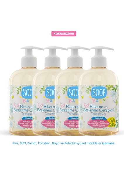 Bebek Biberon ve Beslenme Gereçleri Temizleyici 4 x 500 ml | Bitkisel Sabun Bazlı | Hipoalerjenik