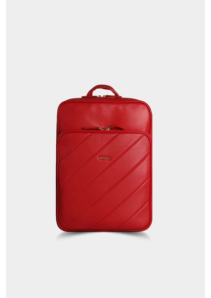 Hakiki Deri Kırmızı Yatay Dikişli Sırt Çantası (T758)