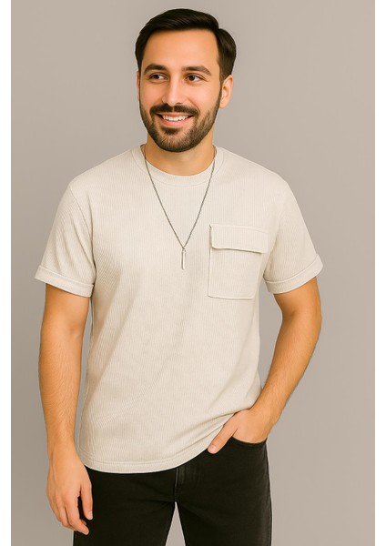Erkek Tshirt Kolyeli-Cepli Gofre Likralı Kumaş (Dar Kalıp)