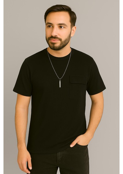 Erkek Tshirt Kolyeli-Cepli Gofre Likralı Kumaş (Dar Kalıp)