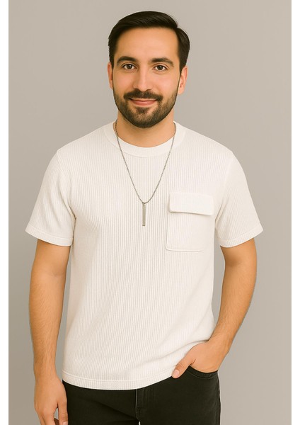 Erkek Tshirt Kolyeli-Cepli Gofre Likralı Kumaş (Dar Kalıp)