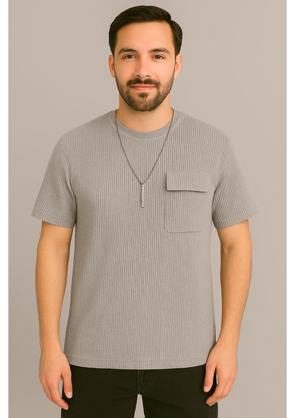 Erkek Tshirt Kolyeli-Cepli Gofre Likralı Kumaş (Dar Kalıp)