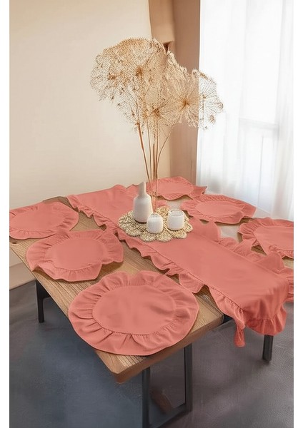 5 Parça Fırfırlı Ranforce Pamuklu Kumaş Runner Set 1 Runner , 4 Amerikan Servis