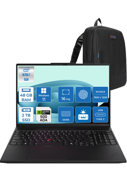 P16S Intel Core Ultra 7 155H 48GB Ddr5 2tb SSD 4GB/RTXA500 16" Wuxga IPS 300NITS Windows 11 Pro Taşınabilir Bilgisayar P16155A50H19 + Zettaçanta