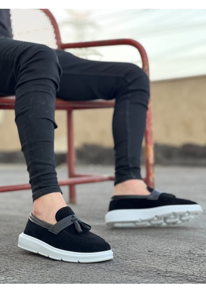 ET0005 Bağcıksız Yüksek Taban Siyah Beyaz Taban Cilt Kemerli Klasik Püsküllü Corcik Erkek Ayakkabı