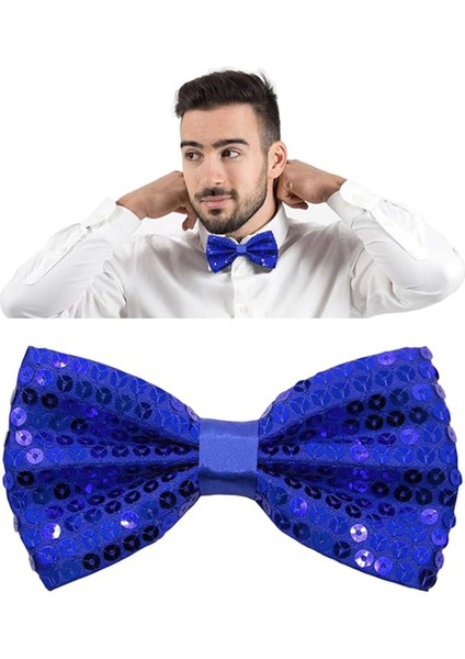 Gece Işıltısı Mavi Payetli Pullu Papyon 7x2 cm