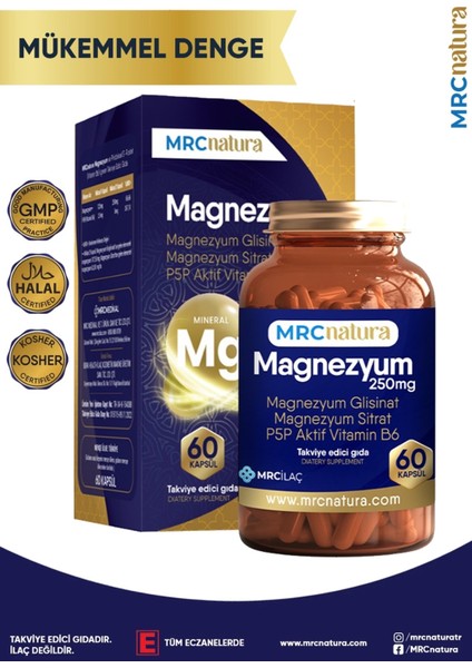 Natura Magnezyum 250 mg Bisglisinat & Sitrat & P5p Vitamin B6 60 Kapsül