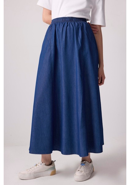 Denim Efektli Beli Lastikli Etek